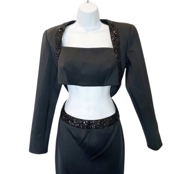 Sho By Tadashi Shoji Black Sequined Cutout Long Sleeve Dress NWT Size Small - Picture 6 of 16
